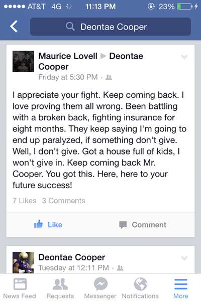 People find inspiration in Cooper's determination to return to football after three major knee surgeries in his first three seasons.
